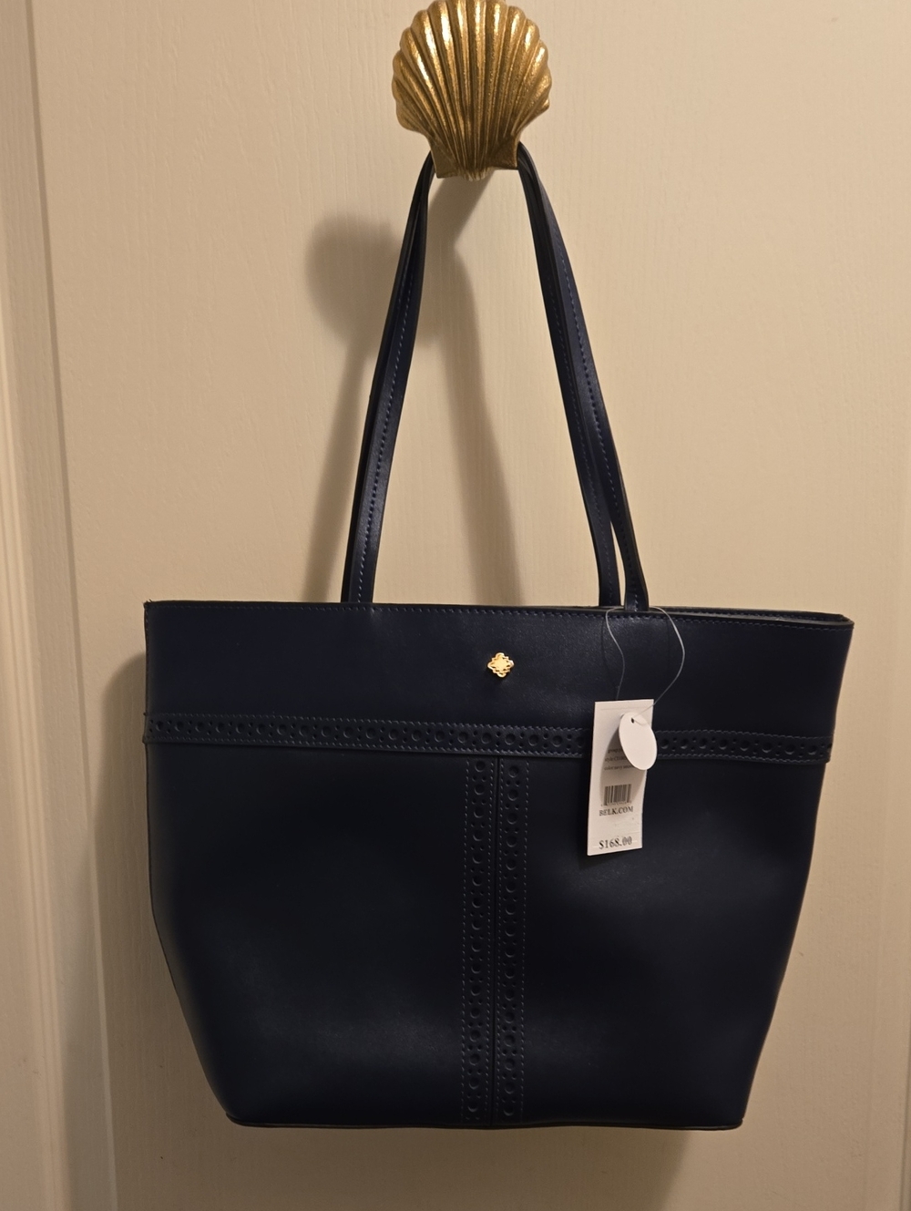 crown & ivy Navy Leather Tote with Gold Accent 2 Handles Zip Close 15"W 11"H NEW